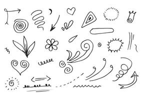 Hand drawn set elements, black on white background. Arrow, heart, love, star, leaf, sun, light, flower, crown, king, queen,Swishes, swoops, emphasis ,swirl, heart, for concept design. vector