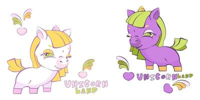 Two cute little girl unicorns, purple and white vector