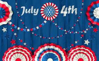 Independence Day card with paper fans hanging on a wooden blue fence. Red, blue and white colors vector