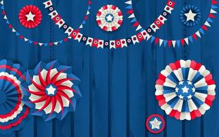 Patriotic template with paper pinwheels hanging on a wooden blue fence. Red, blue and white colors vector