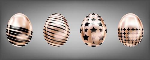 cuatro huevos metálicos de mirada en color rosa con estrella negra, cruz y rayas. objetos aislados para la decoración de Pascua vector