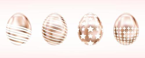 Four glance metallic eggs in pink color with white star, cross and stripes. Isolated objects for Easter decoration vector