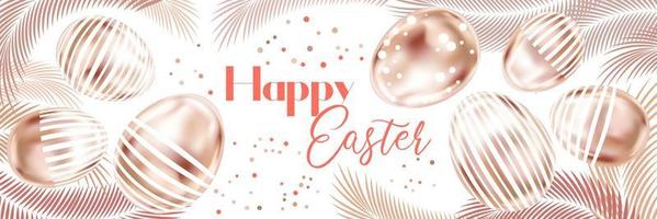 Happy Easter banner with pink gold eggs and palm branches on the white vector