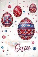 Easter eggs with knitting pattern and paper flowers in the sky vector