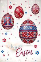 Easter eggs with knitting pattern and paper flowers in the sky vector