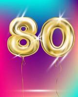 Gold foil balloon eighty number on disco rainbow gradient background vector