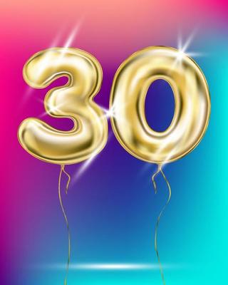 Gold foil balloon thirty 30 number on disco rainbow gradient background