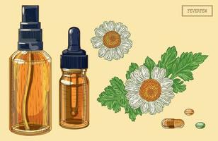 Medical feverfew flowers and dropper and sprayer, hand drawn illustration in a retro style vector