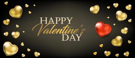 Valentines Day black banner with golden heart balloons vector