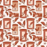 Tea brown seamless pattern with boxes, leaves and flowers vector