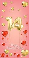 feliz día de san valentín pancarta rosa, 14 y corazón con globos dorados