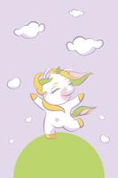 Cute little unicorn is skipping on a field vector