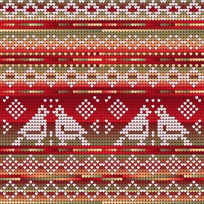 Red Green Gradient Colors Seamless Pattern of Christmas Knitting with winter birds