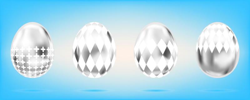 Four silver eggs on the sky blue background. Isolated objects for Easter decoration. Cross and domino rumb ornate