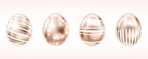 Four glance metallic eggs in pink color with white dots and stripes. Isolated objects for Easter decoration vector