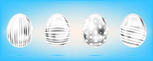 Four silver eggs on the sky blue background. Isolated objects for Easter decoration. Dots and stripes ornate vector