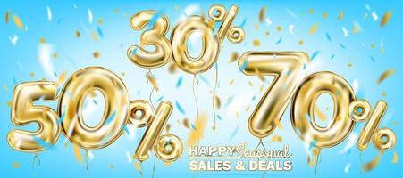 High quality vector image of gold balloon seventy fifty thirty percent. Design for seasonal sales, discounts and any events, sky blue background