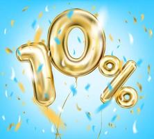High quality vector image of gold balloon ten percent. Design for seasonal sales, discounts and any events, sky blue background