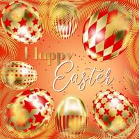 Happy Easter banner with golden eggs and palm branches on the red square card