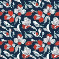 Dark blue and red floral seamless pattern with high detalised alstroemeria buds and flowers for botanical natural print vector