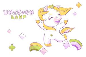 Cute little white unicorn is skipping on the rainbow vector