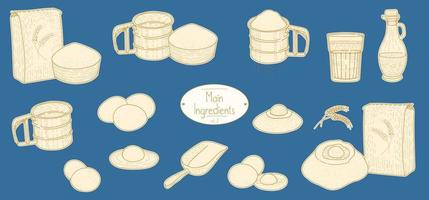 Main ingredients of Italian Pasta recipe, sketching illustration in retro style vector