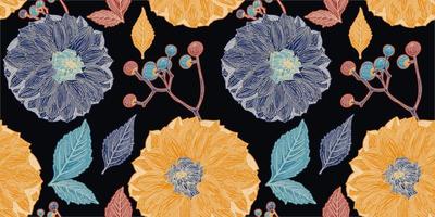 Black seamless pattern of dahlia yellow and blue flowers vector