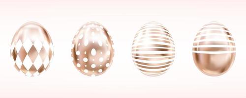 Four glance metallic eggs in pink color with white rumb, dots and stripes. Isolated objects for Easter decoration vector