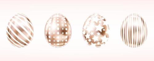 Four glance metallic eggs in pink color with white stripes, dots and stars. Isolated objects for Easter decoration vector