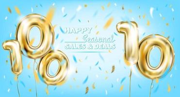 High quality vector image of gold balloon hundred and ten. Design for anniversary, sales and any events, sky blue background