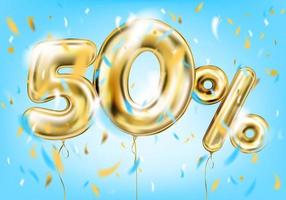 High quality vector image of gold balloon fifty percent. Design for seasonal sales, discounts and any events, sky blue background
