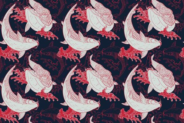 Koi carps Japanese red and blue seamless pattern