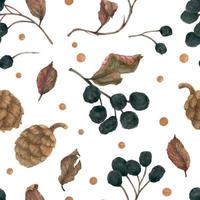 Winter dark berries on the white snow field, botanical traced watercolor seamless pattern vector