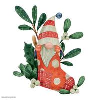 Christmas gnome with funny striped cap, traced watercolor vector