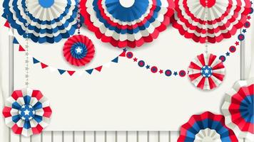 Patriotic banner with paper pinwheels hanging on a wooden white fence. Red, blue and white colors vector