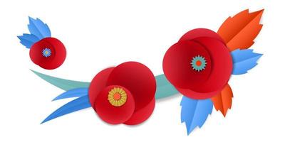 Vector cut paper poppy flowers in vignette