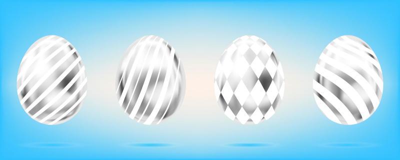 Four silver eggs on the sky blue background. Isolated objects for Easter decoration. Stripes and diamonds ornate