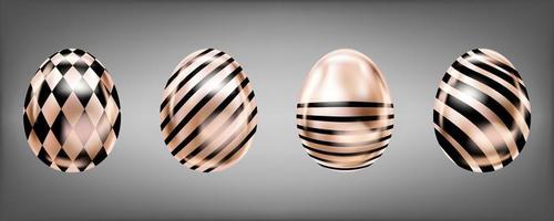 Four glance metallic eggs in pink color with black domino and stripes. Isolated objects for Easter decoration vector