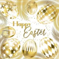 Happy Easter banner with golden eggs and palm branches on the white square card vector