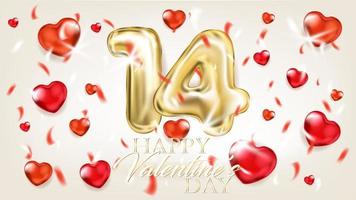 Golden 14 and red hearts on the light background vector