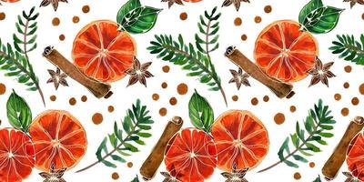 Christmas watercolor seamless pattern with ale and oranges vector