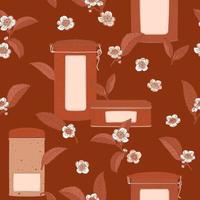 cajas metálicas de té y flores de color marrón oscuro patrón sin costuras vector