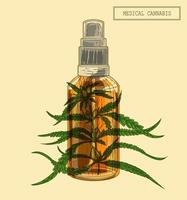 Medical cannabis marijuana branch and bottle, hand drawn illustration in a retro style vector