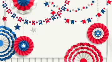 Patriotic template with paper fans hanging on a wooden white fence. Red, blue and white colors