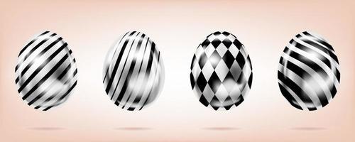 Four silver eggs on the pink background. Isolated objects for Easter decoration. Stripes and diamonds ornate vector