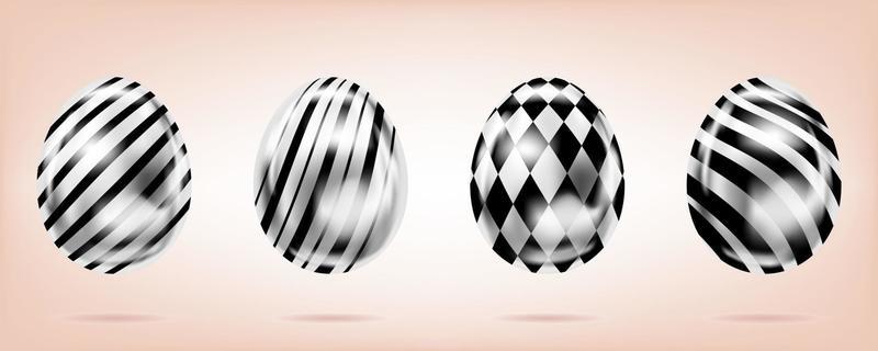 Four silver eggs on the pink background. Isolated objects for Easter decoration. Stripes and diamonds ornate