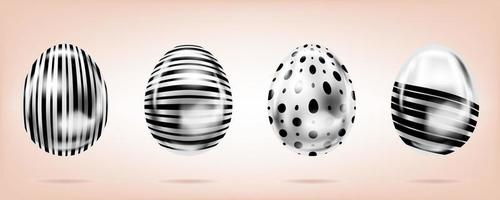 cuatro huevos de plata sobre fondo rosa. objetos aislados para la decoración de Pascua. puntos y rayas adornados