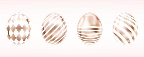 Four glance metallic eggs in pink color with white domino and stripes. Isolated objects for Easter decoration vector