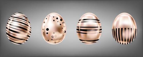 Four glance metallic eggs in pink color with black dots and stripes. Isolated objects for Easter decoration vector