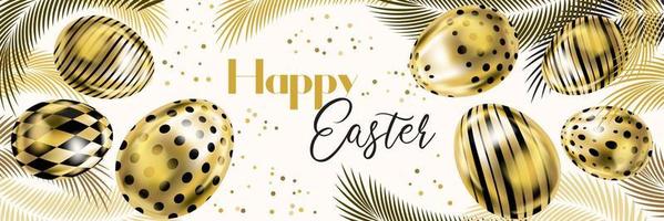 Happy Easter banner with golden eggs and palm branches on the white vector